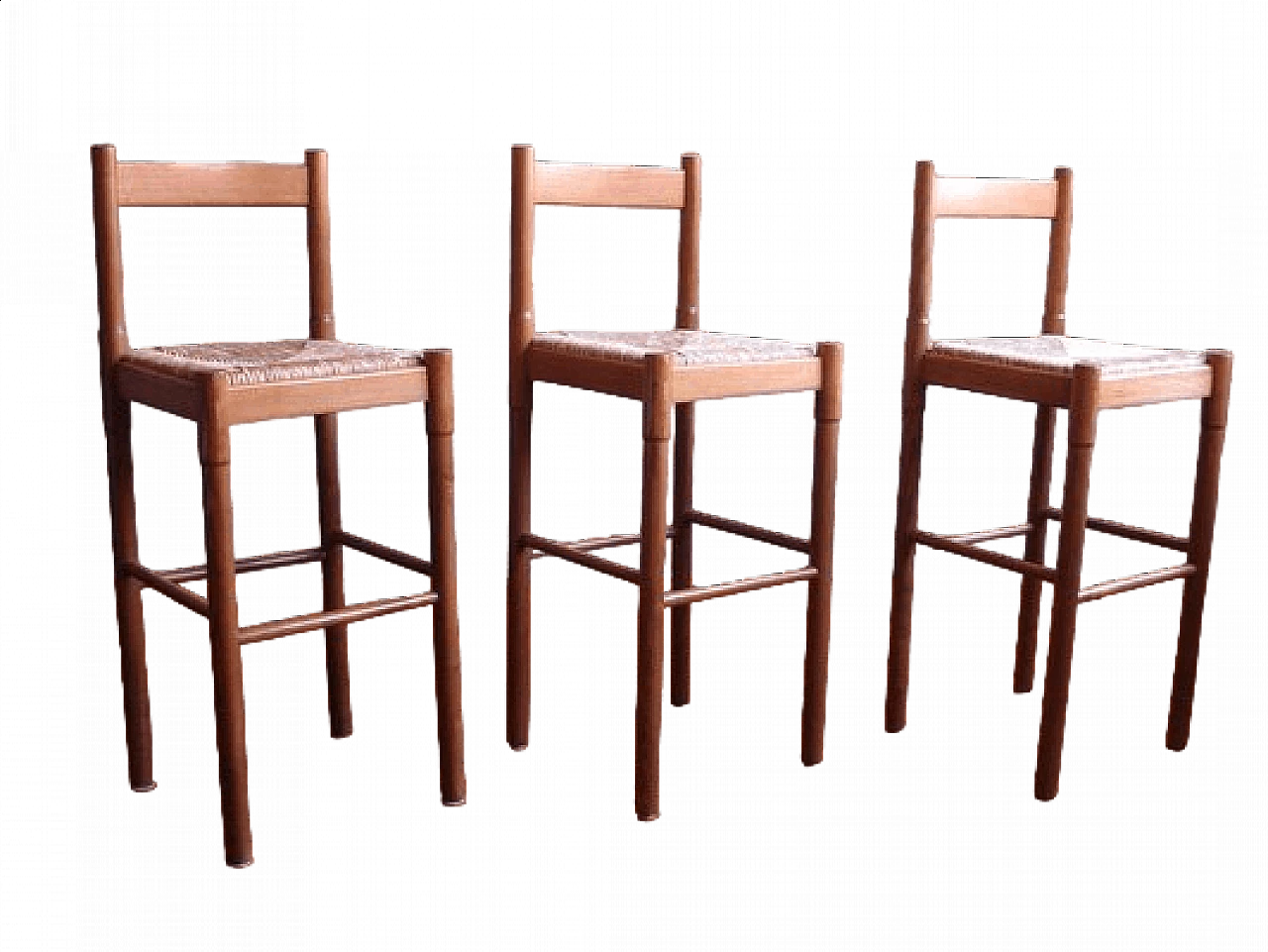 3 Stools in wood and rush attributable to Vico Magistretti, 1960s 16