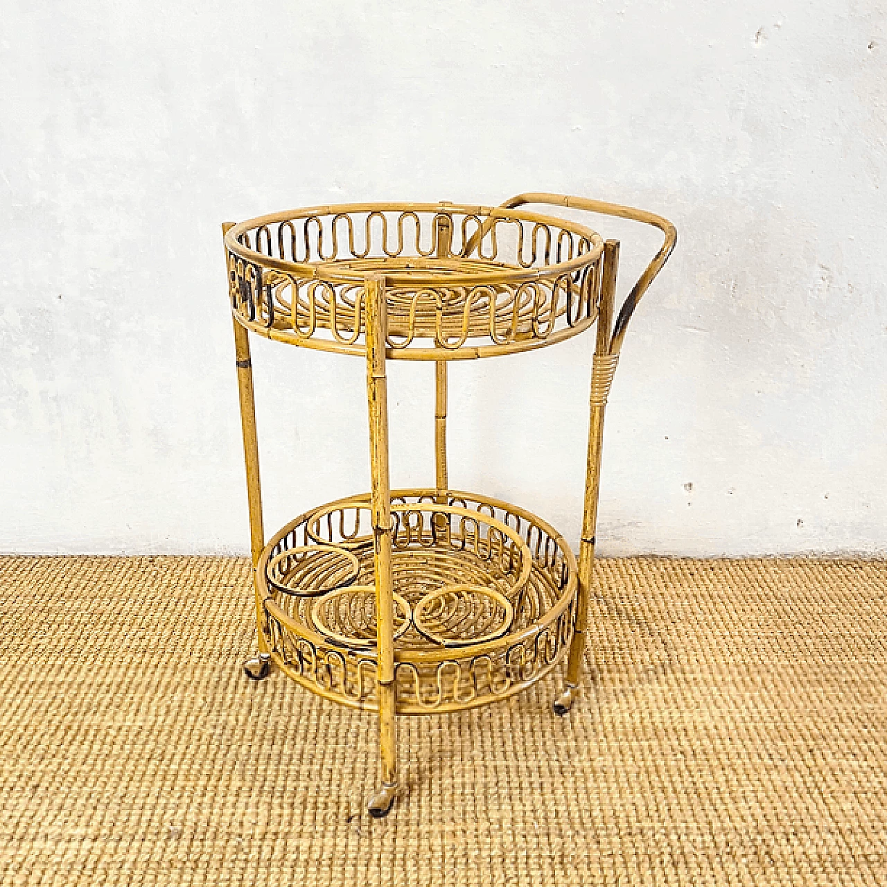 Carrello tondo in rattan e bamboo, anni '60 1