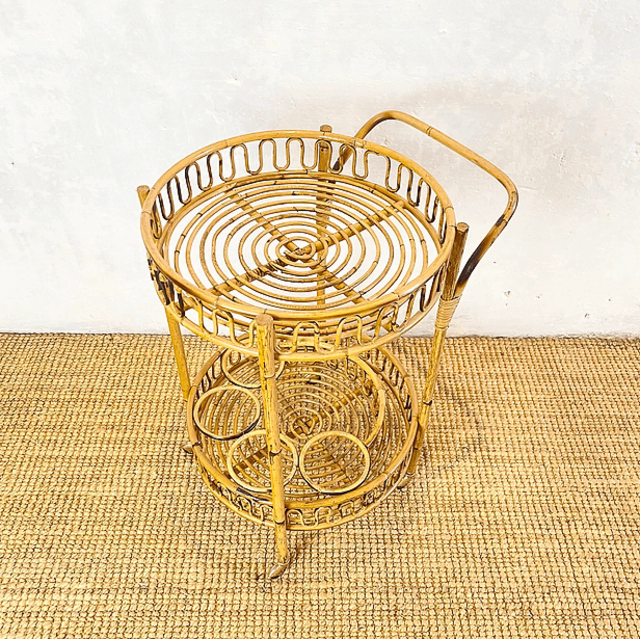 Carrello tondo in rattan e bamboo, anni '60 2