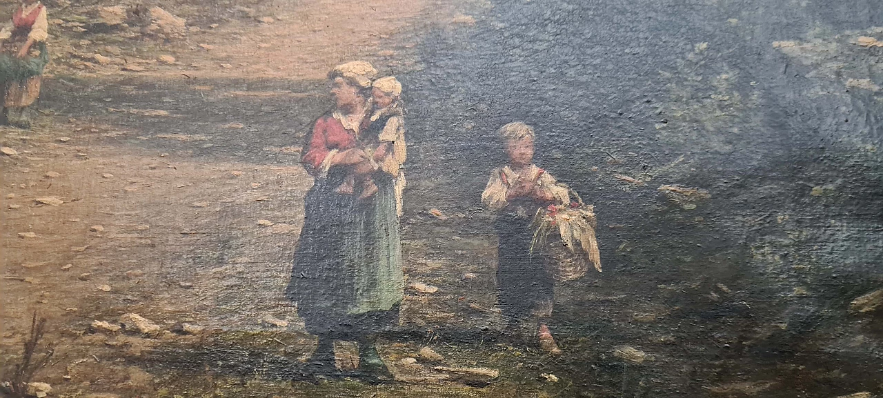 Legat Leon, dipinto di paesaggio con famiglia contadina, olio su tela, '800 3