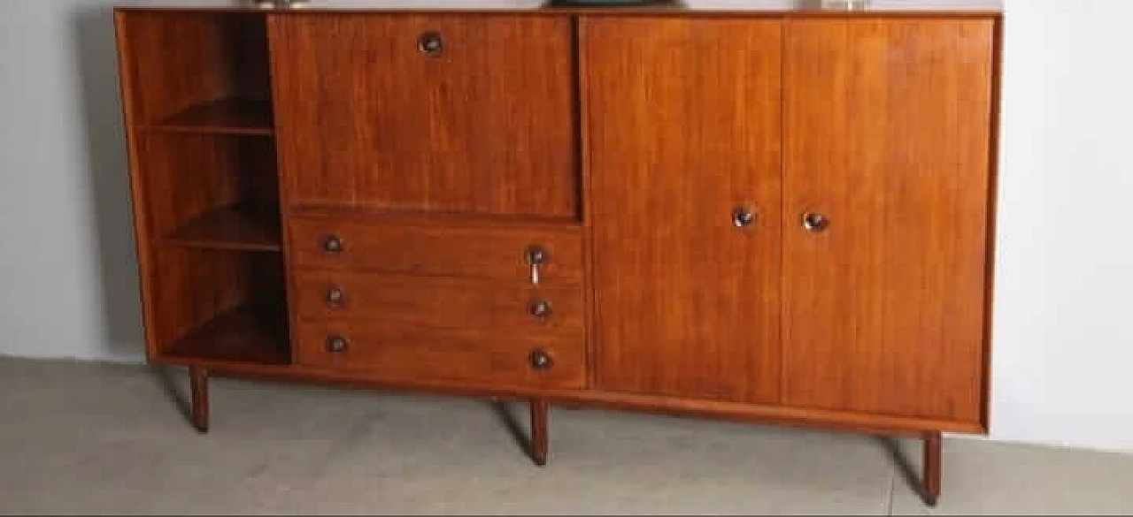 Credenza in teak con vano a giorno, ribalta, cassetti e ante, anni '60 12