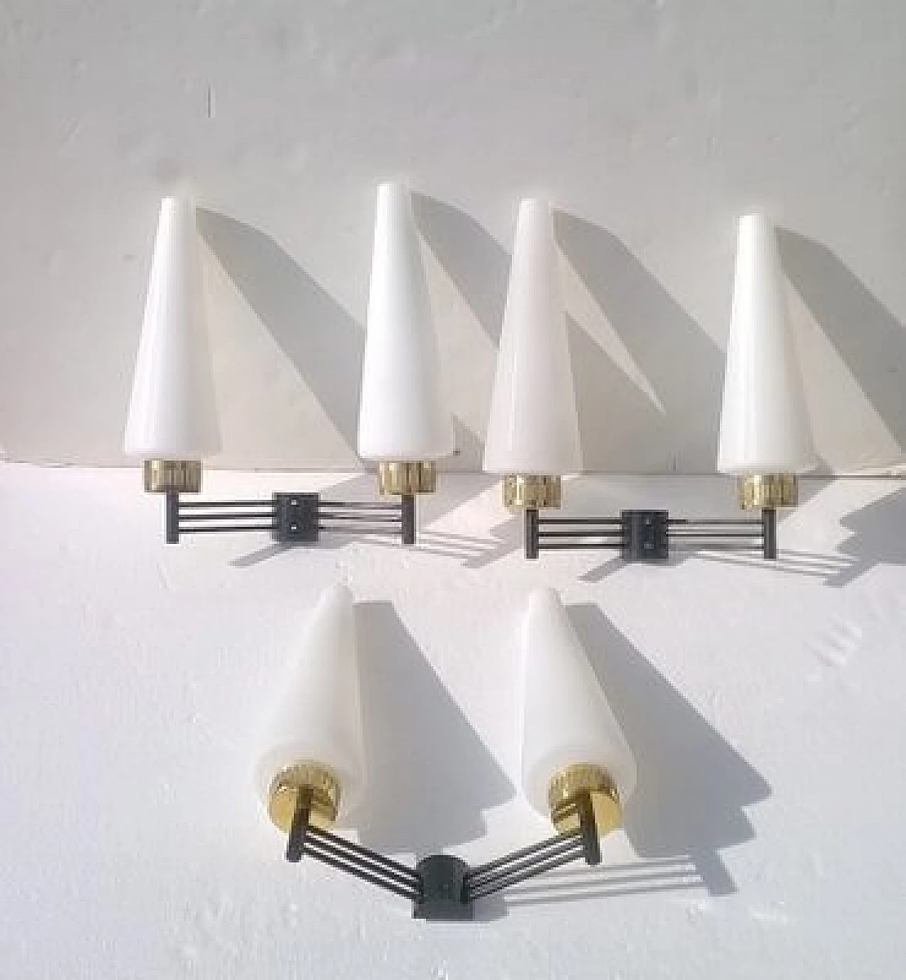 3 Brass and opaline glass wall lamps by Stilnovo, 1950s 10