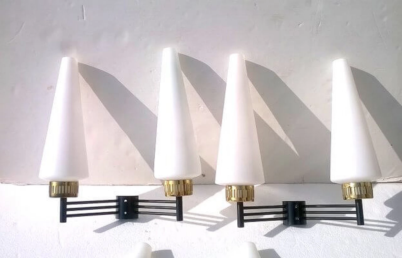 3 Brass and opaline glass wall lamps by Stilnovo, 1950s 11