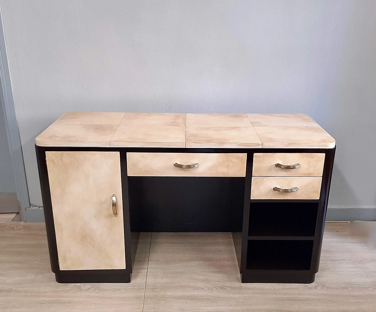 Art Deco black lacquered wood and parchment writing desk, 1940s 1