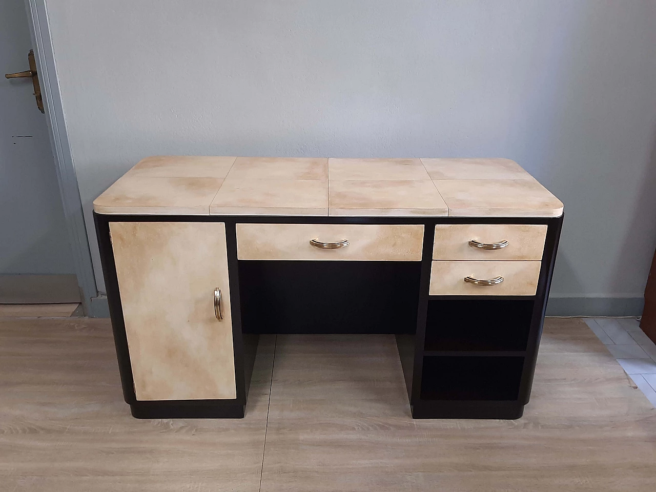 Art Deco black lacquered wood and parchment writing desk, 1940s 2