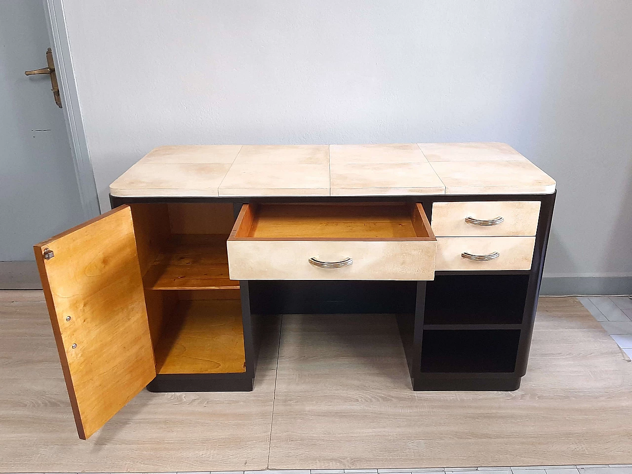 Art Deco black lacquered wood and parchment writing desk, 1940s 5