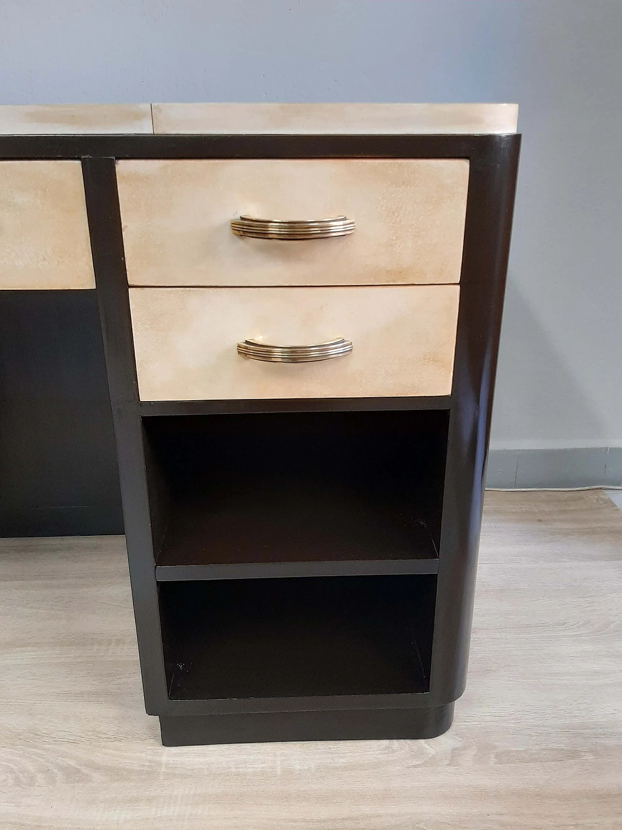 Art Deco black lacquered wood and parchment writing desk, 1940s 6