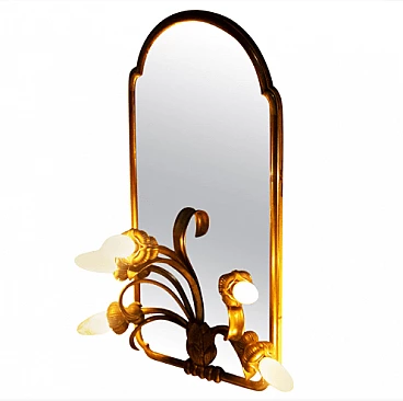 Art Nouveau brass mirror with sconce, early 20th century
