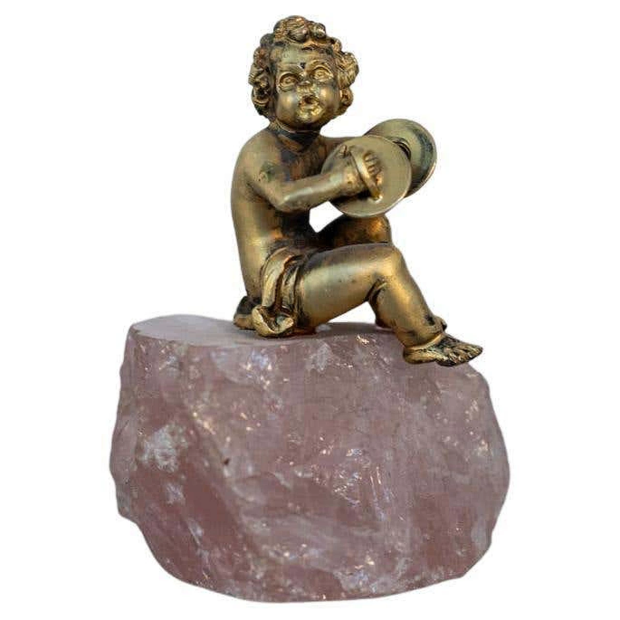 Gilded silver sculpture of a cherub on a rose quartz base, late 18th century 1