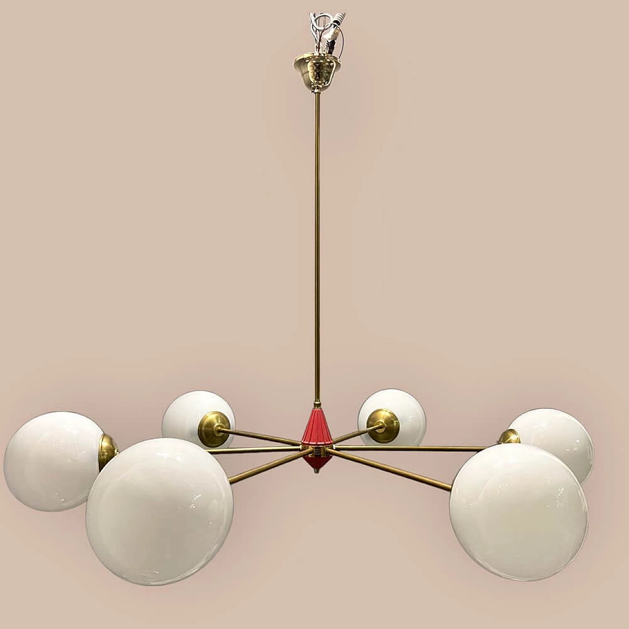 Sputnik brass and opaline glass chandelier, 1970s 1