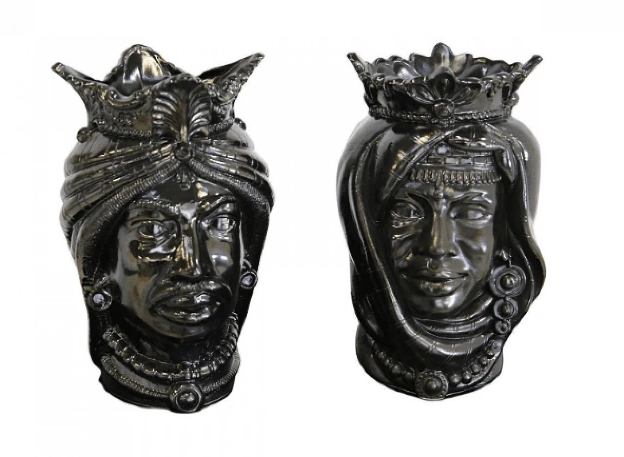 Pair of Sicilian Moor's Heads in lava stone 1