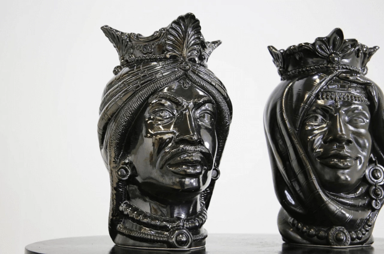 Pair of Sicilian Moor's Heads in lava stone 3