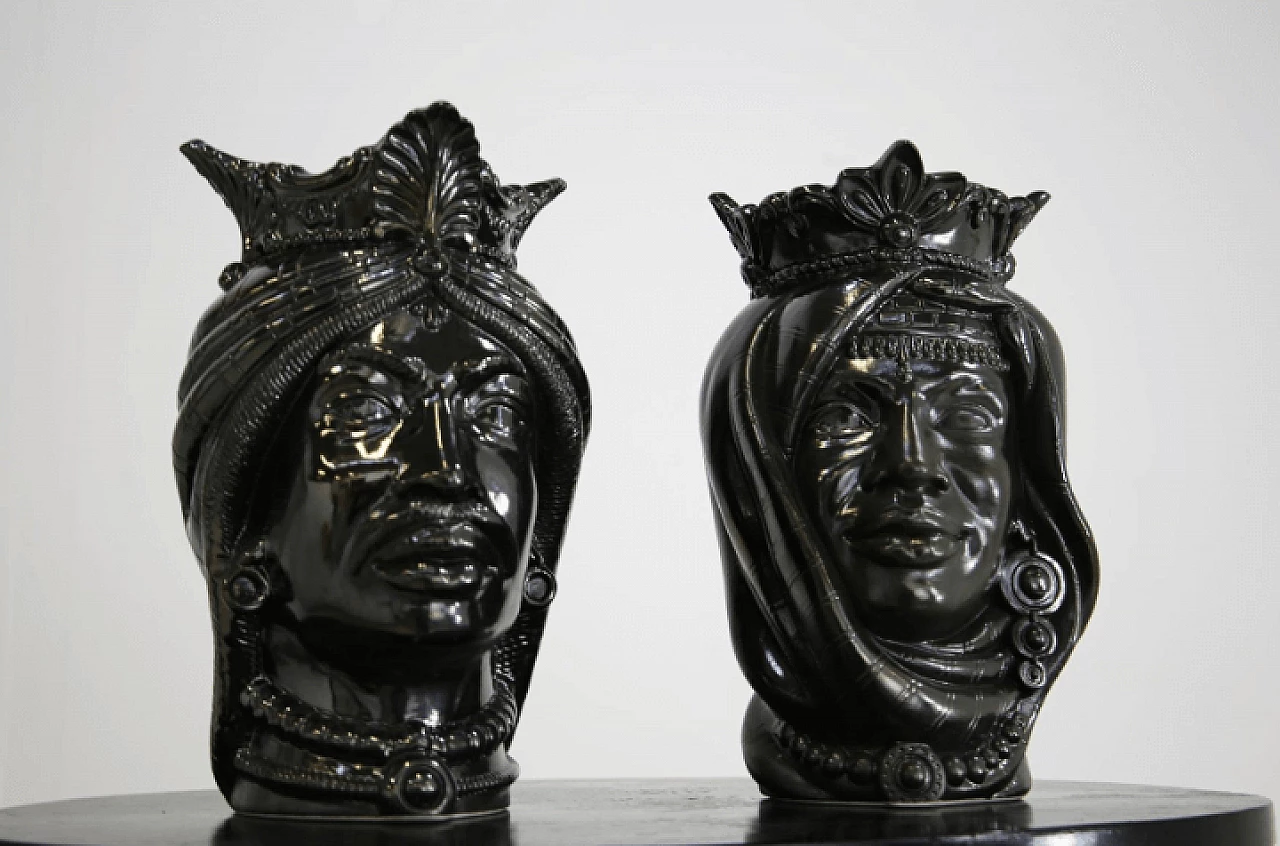 Pair of Sicilian Moor's Heads in lava stone 4