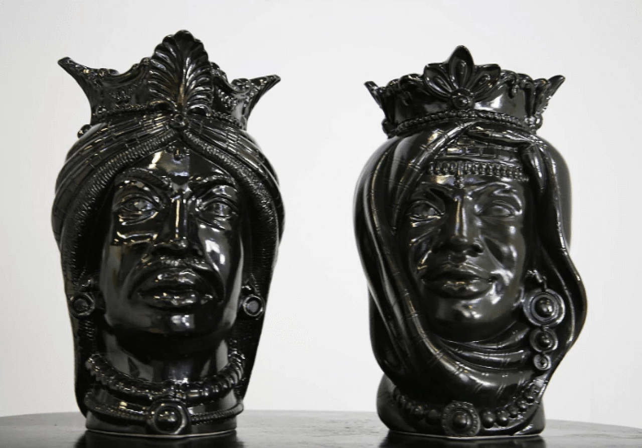 Pair of Sicilian Moor's Heads in lava stone 5