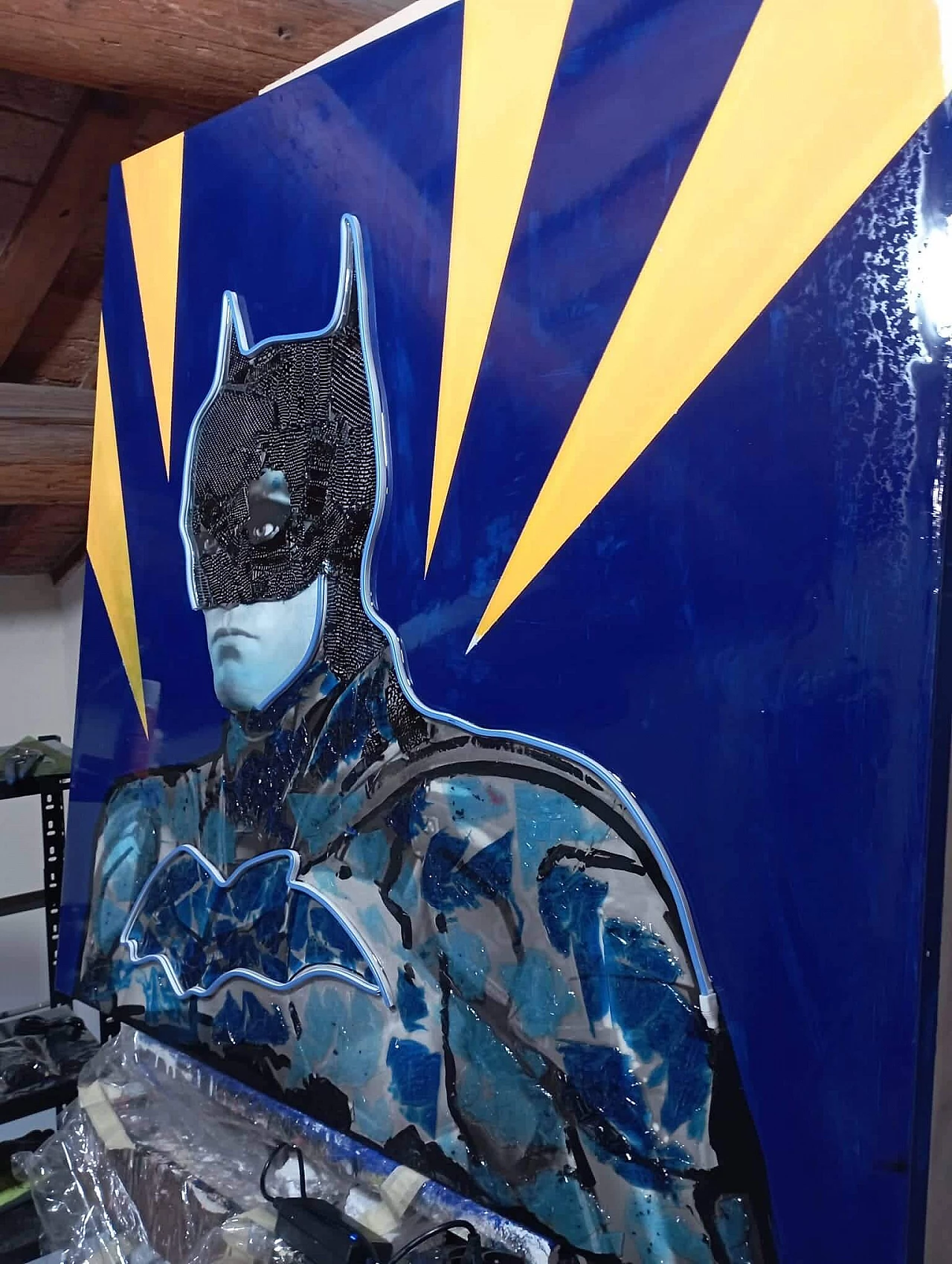 Rolando Pellini, Batman, digital print, acrylics and LED on canvas, 2022 8