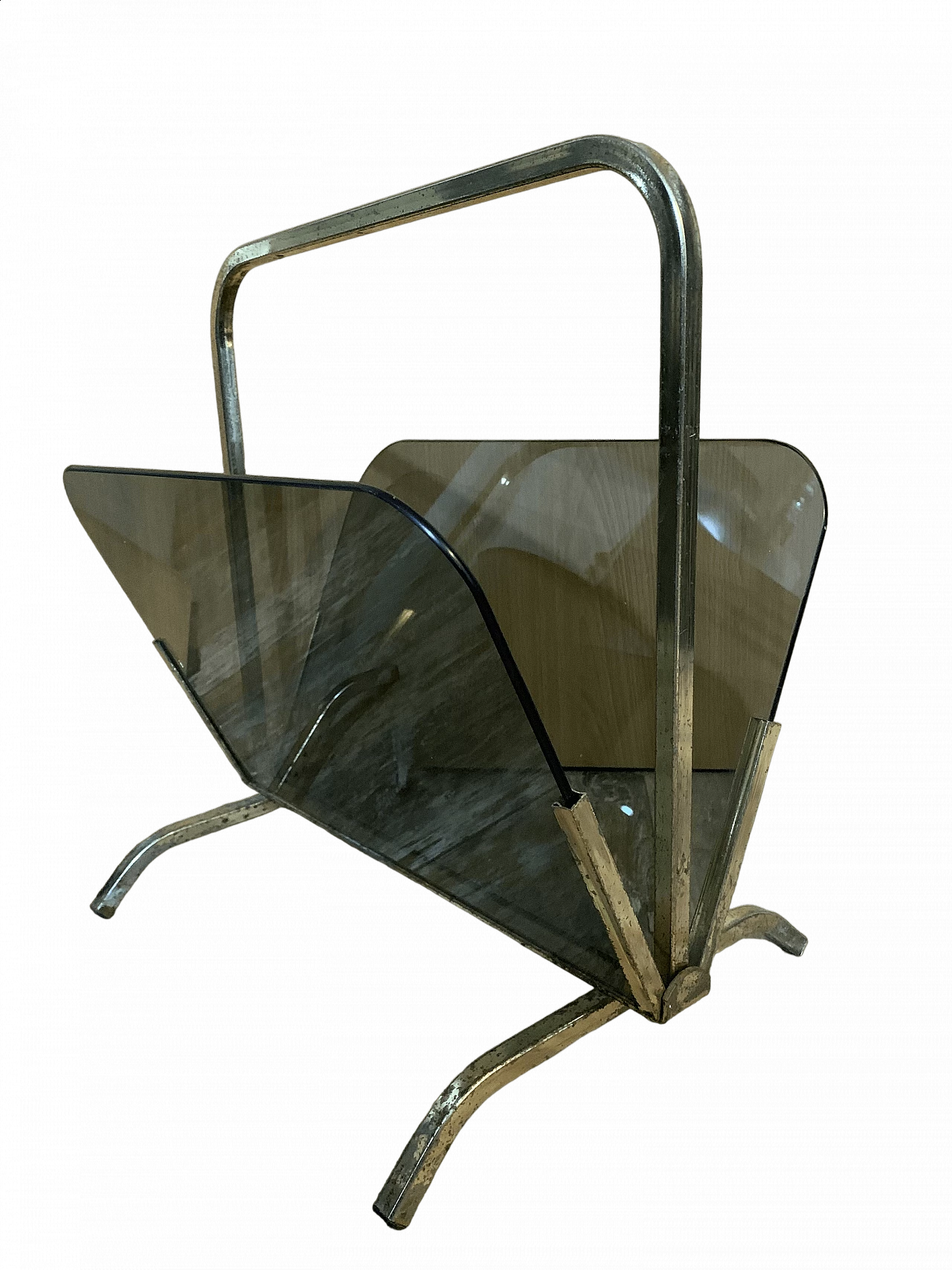 Magazine rack in brass-plated iron and smoked glass, 1970s 6