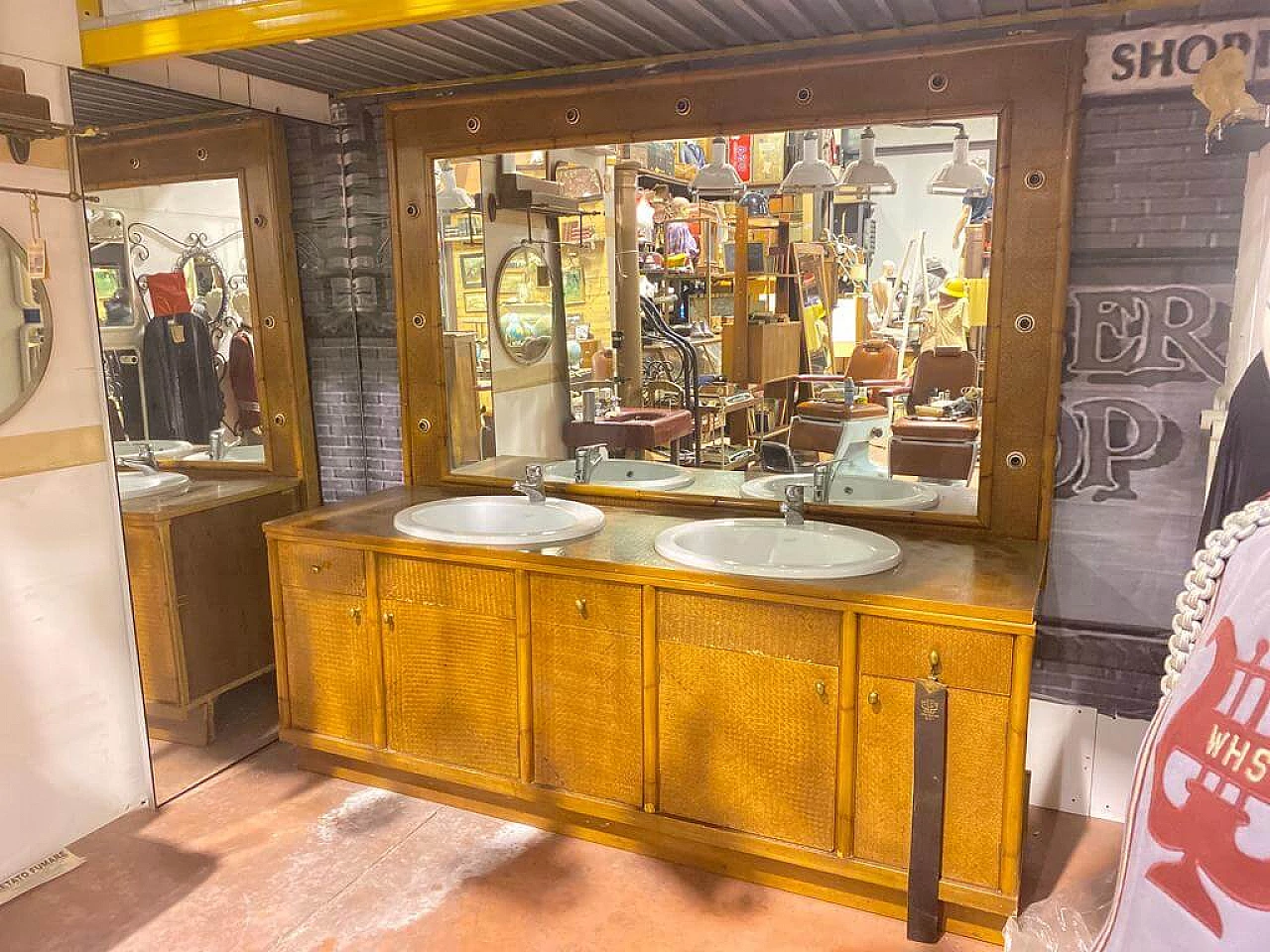 Woven wicker barber's cabinet with washbasin and mirror, 1960s 1