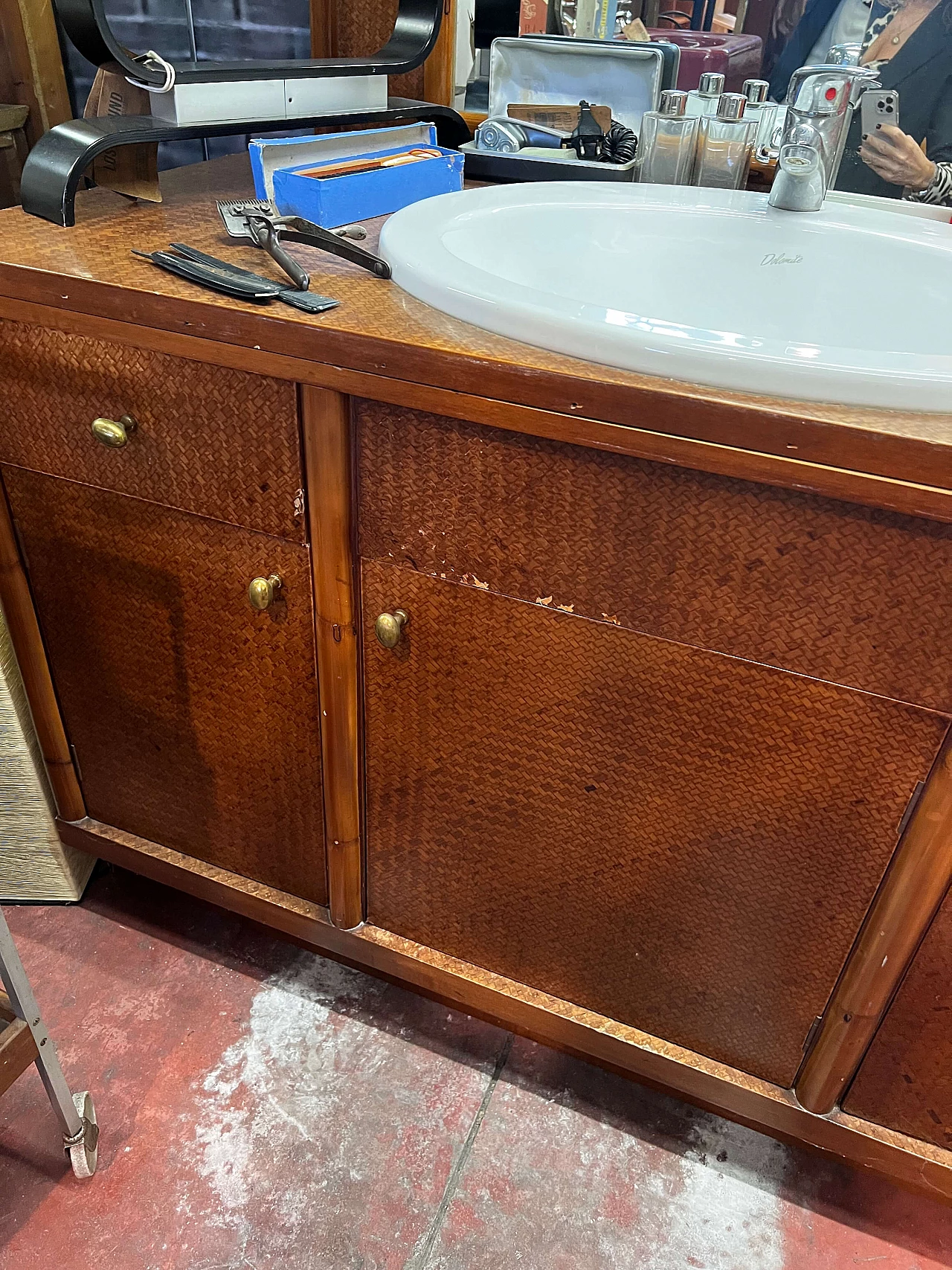 Woven wicker barber's cabinet with washbasin and mirror, 1960s 4