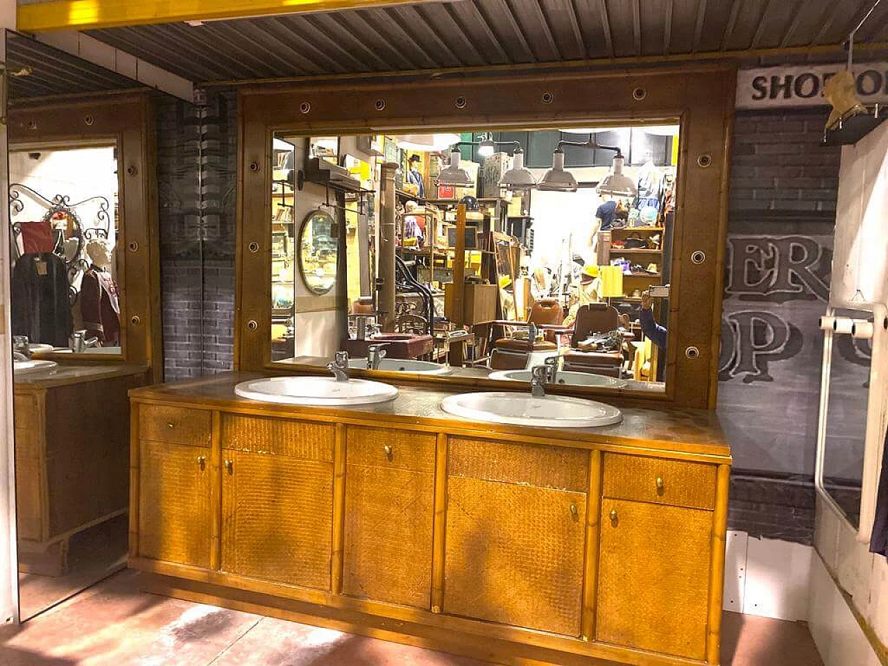 Woven wicker barber's cabinet with washbasin and mirror, 1960s 5