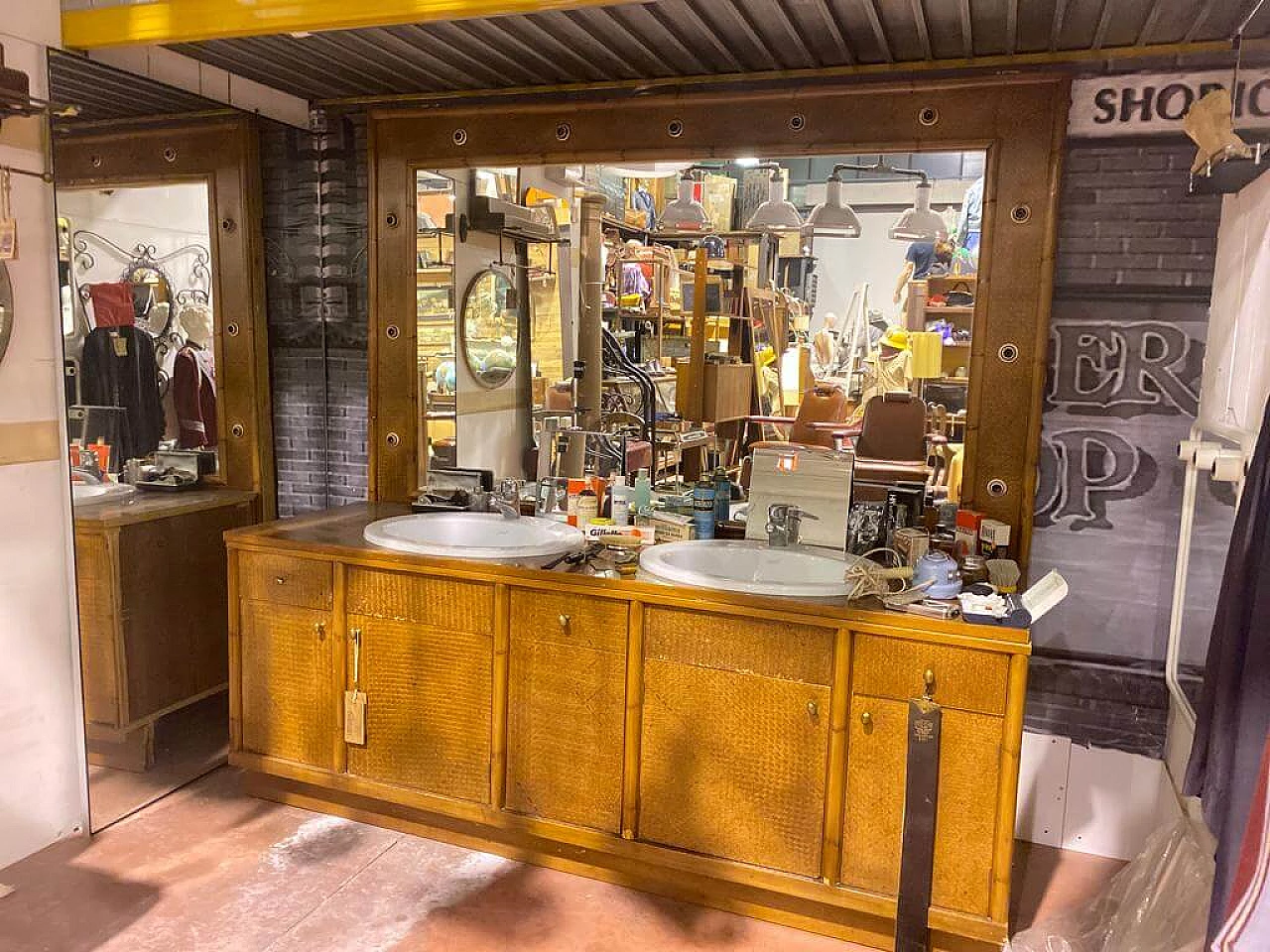 Woven wicker barber's cabinet with washbasin and mirror, 1960s 7