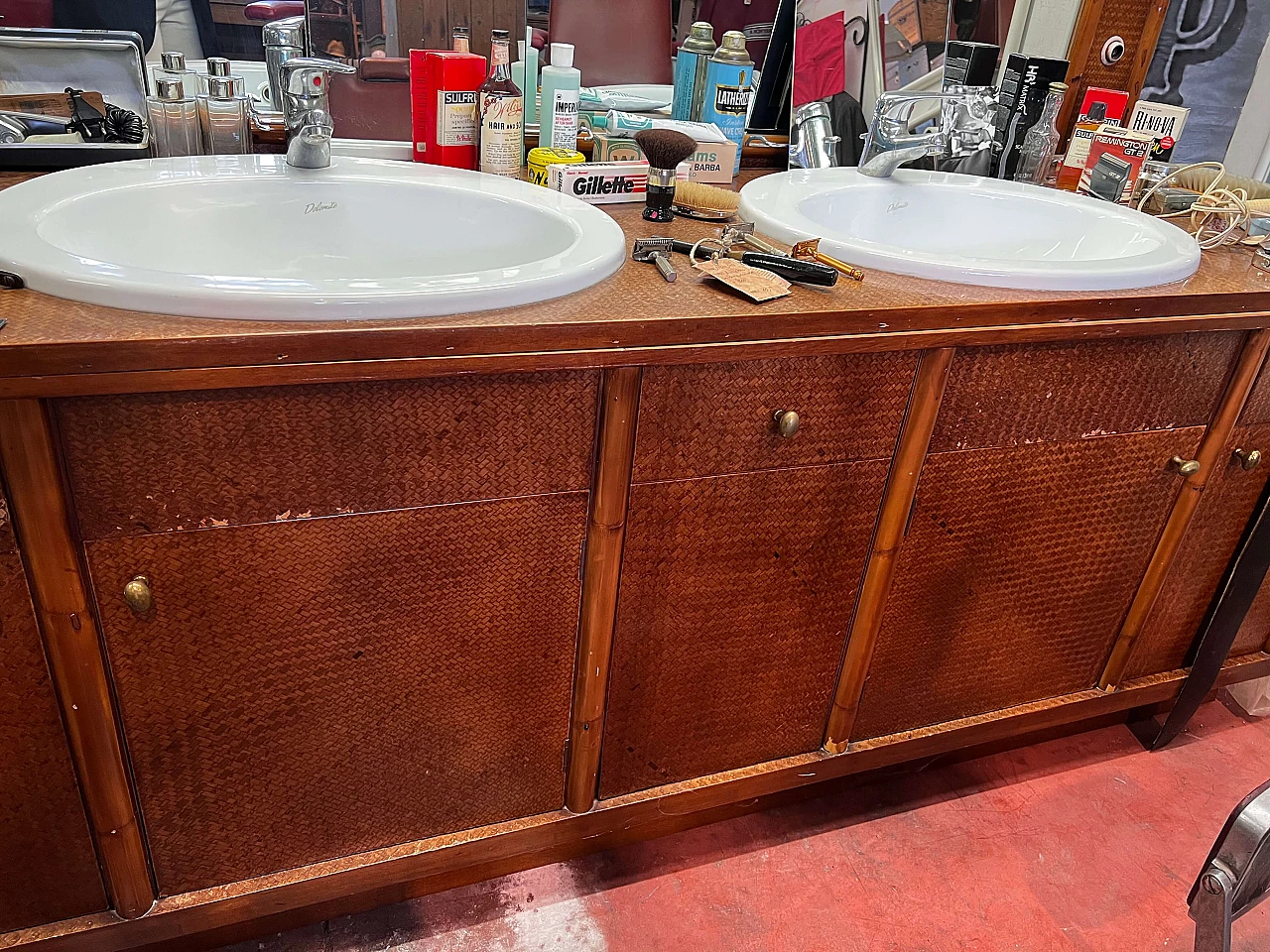 Woven wicker barber's cabinet with washbasin and mirror, 1960s 8