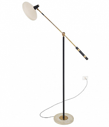 Lampada da terra in alluminio e ottone con base in marmo, anni '50