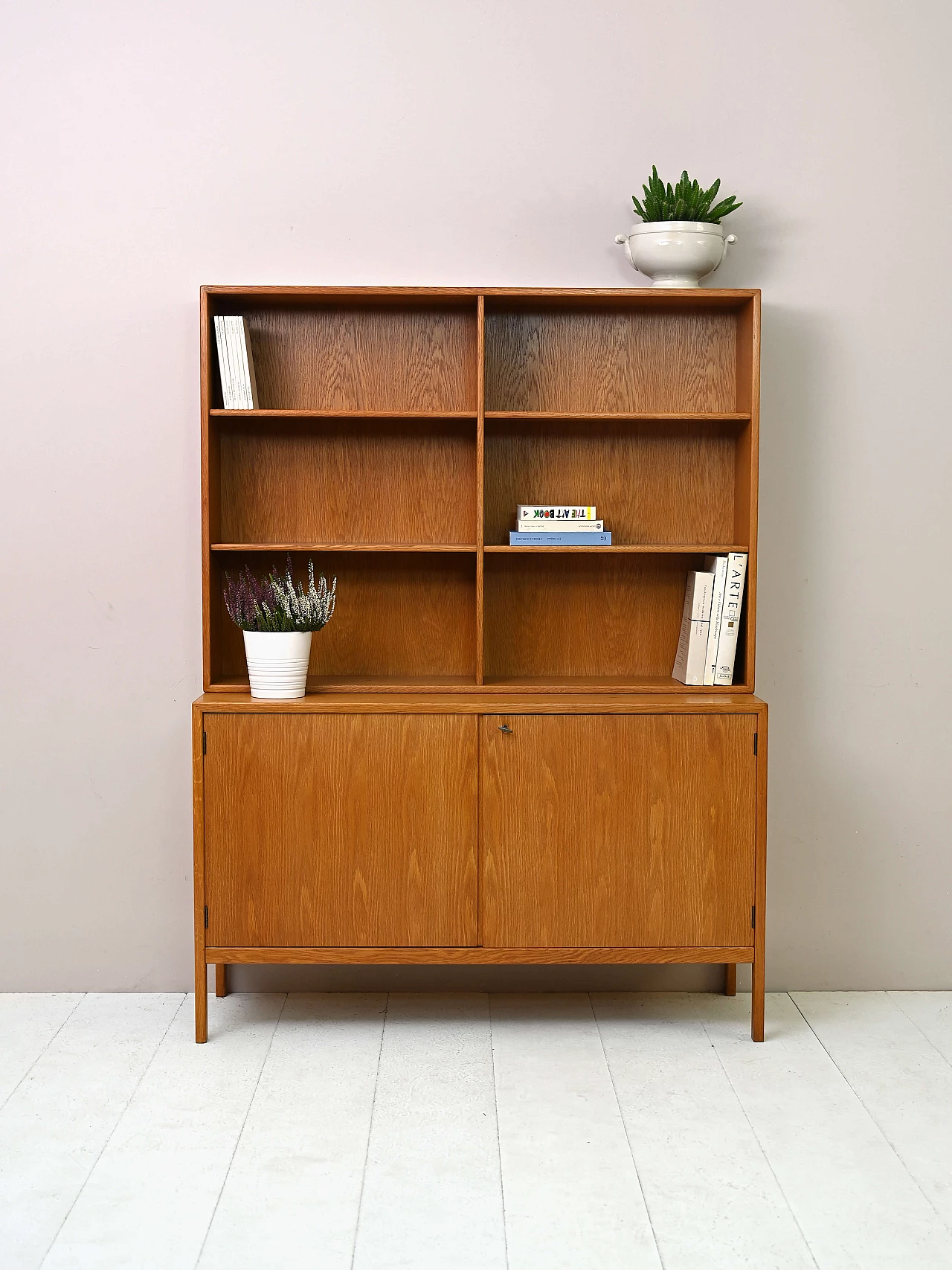 Wooden bookcase with double-door storage compartment, 1960s 1