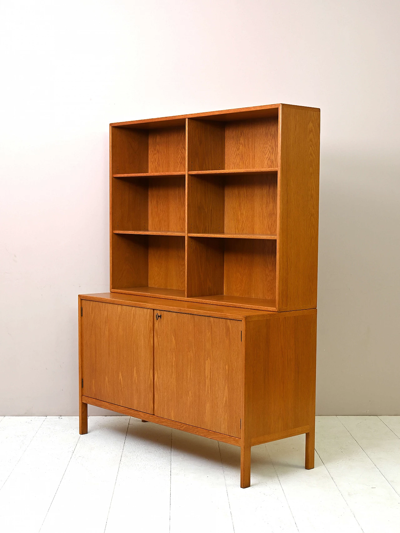 Wooden bookcase with double-door storage compartment, 1960s 6