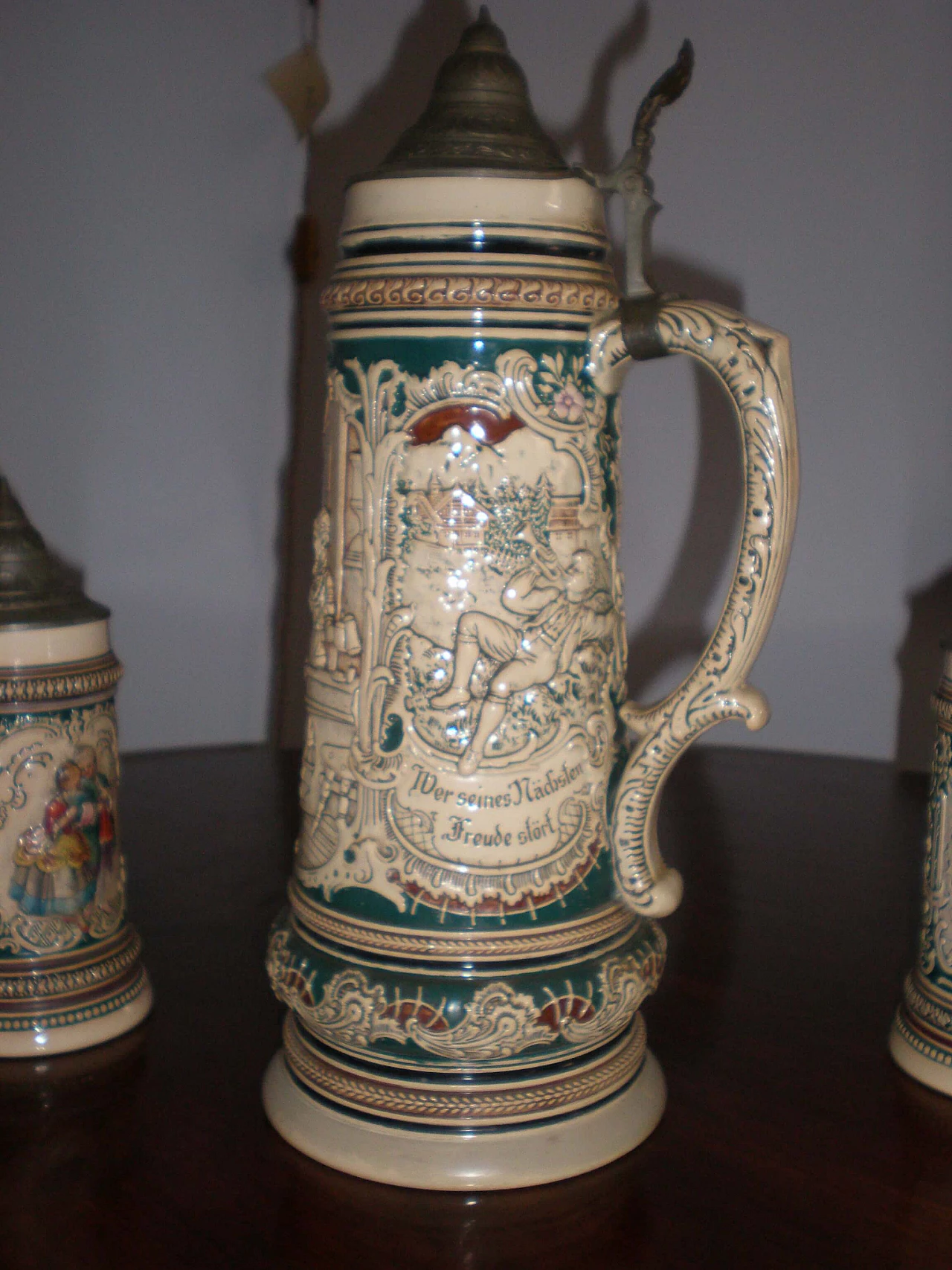 6 Ceramic beer mugs and pitcher, 19th century 5