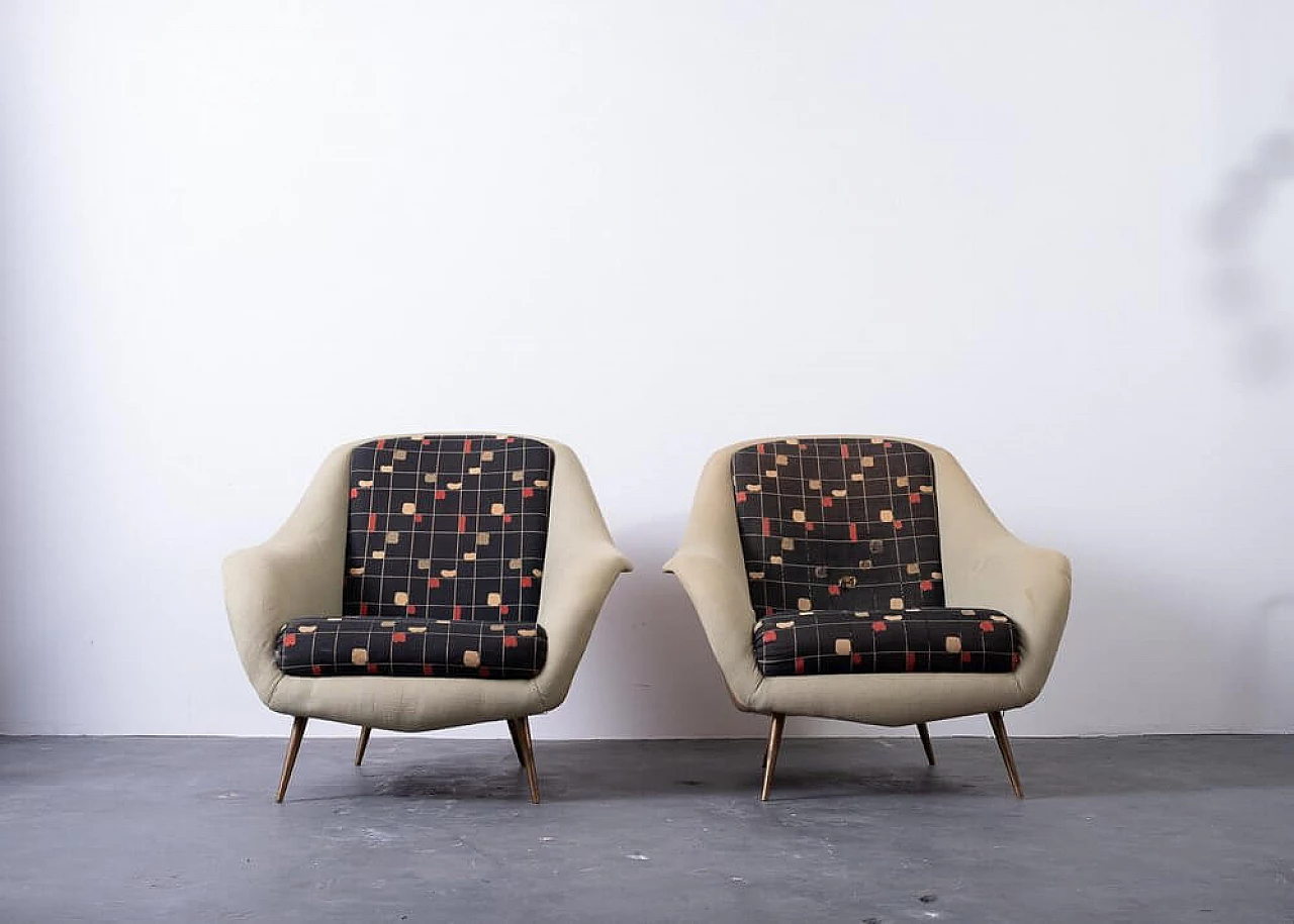 Pair of fabric and brass armchairs, 1950s 1