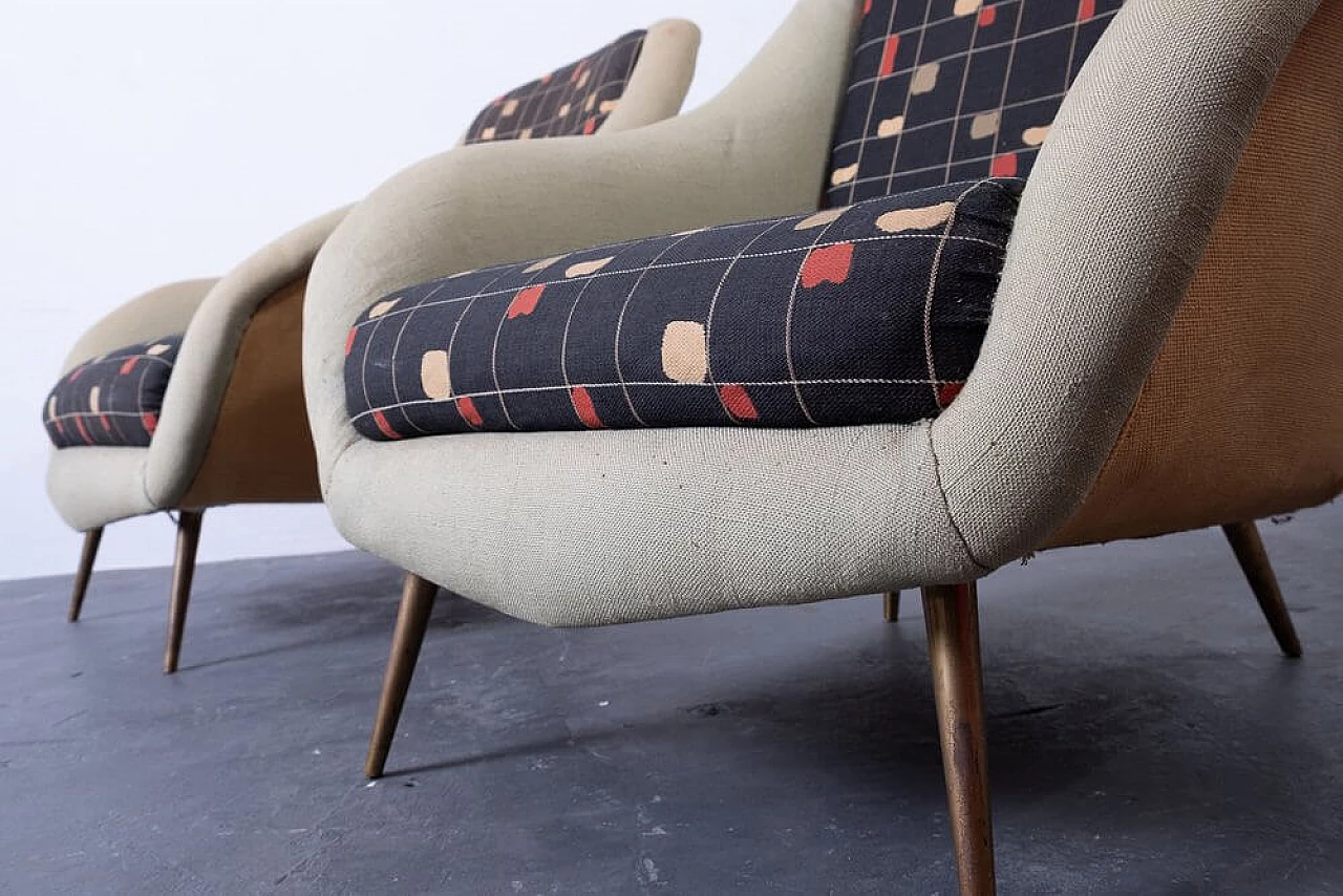 Pair of fabric and brass armchairs, 1950s 2