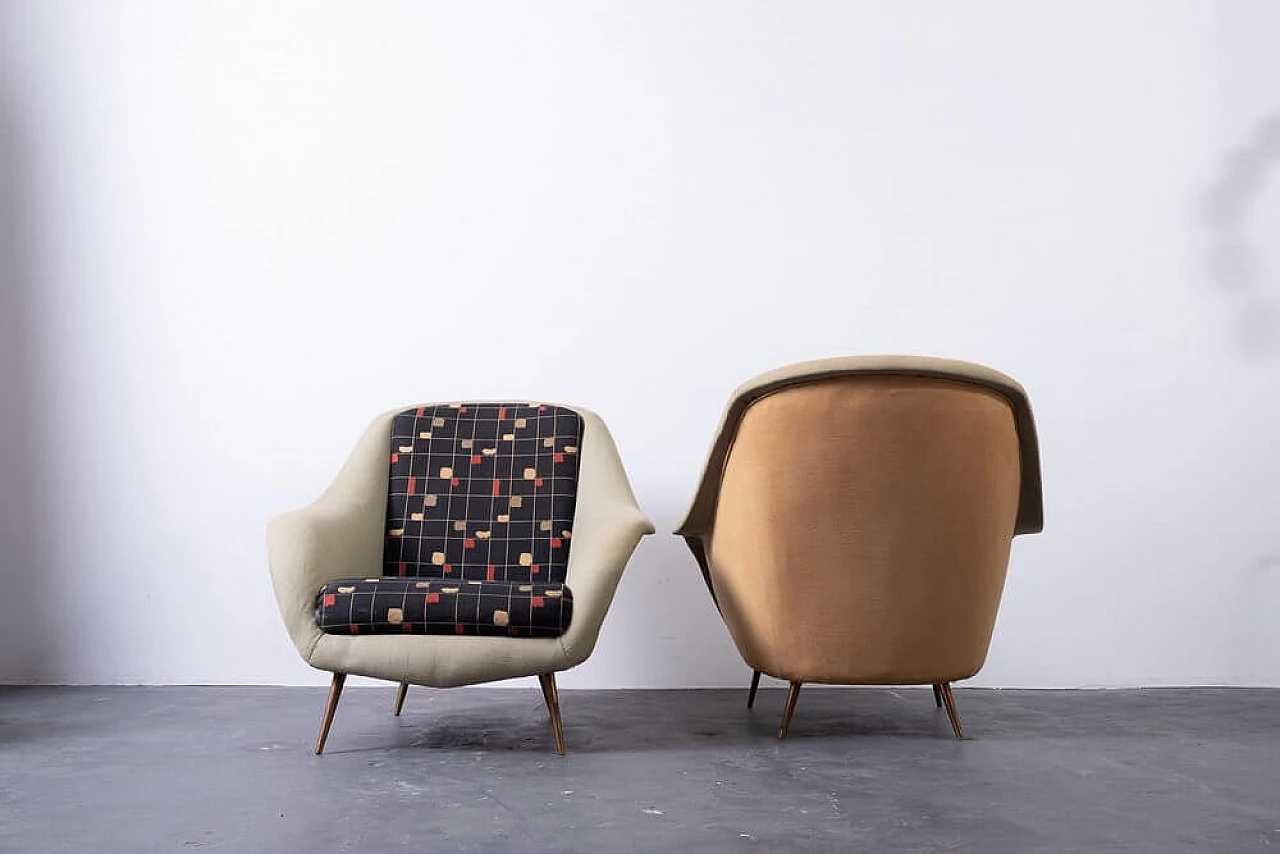 Pair of fabric and brass armchairs, 1950s 5