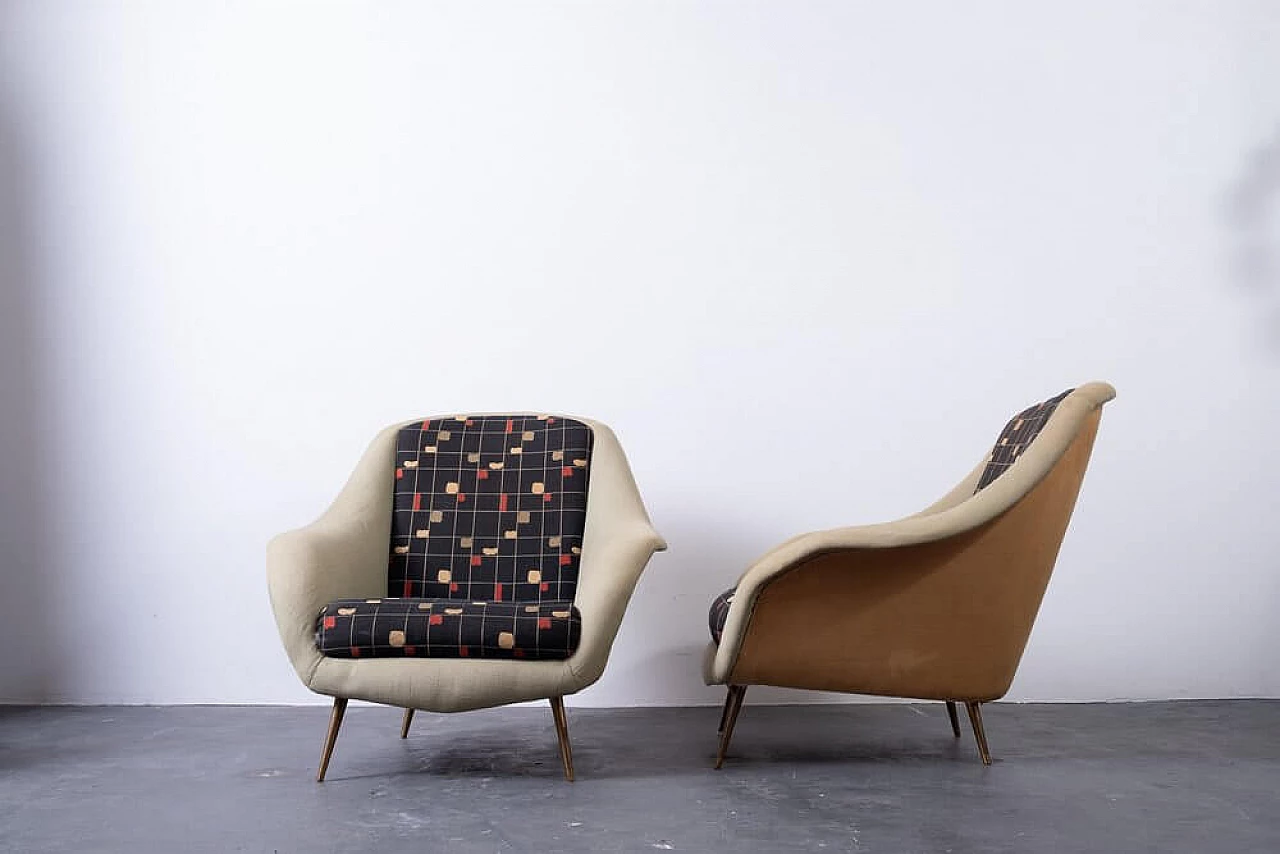 Pair of fabric and brass armchairs, 1950s 6