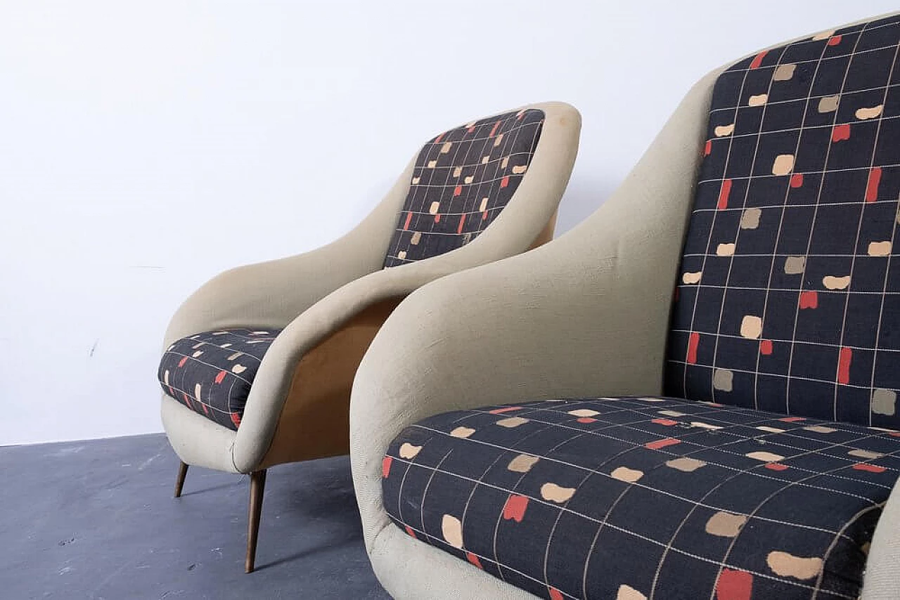 Pair of fabric and brass armchairs, 1950s 7