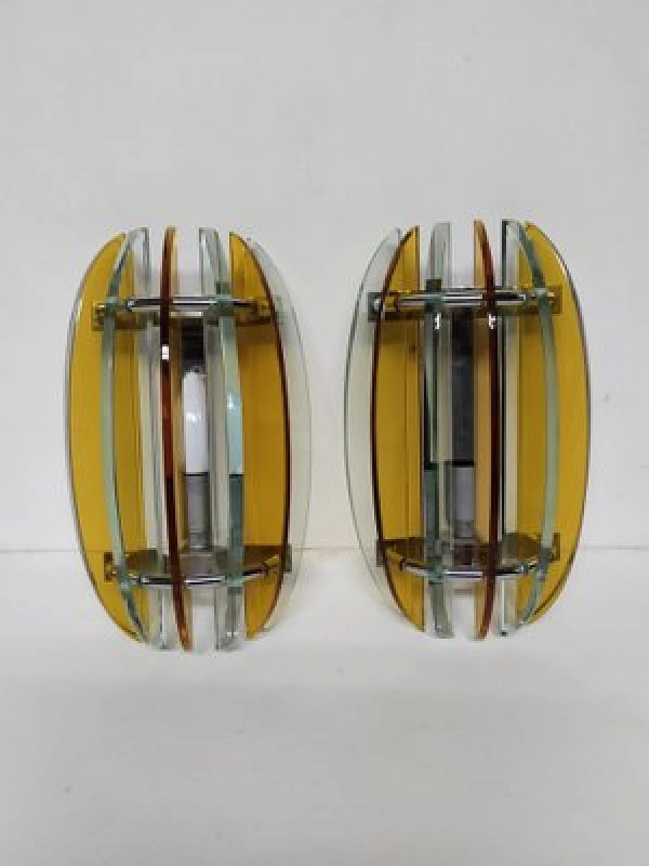 Pair of glass and metal wall lamps by Veca, 1970s 1