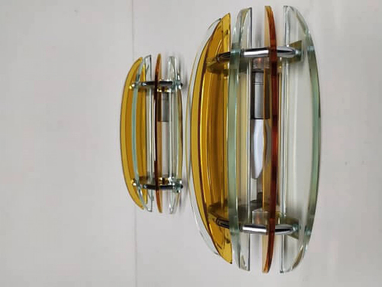 Pair of glass and metal wall lamps by Veca, 1970s 3