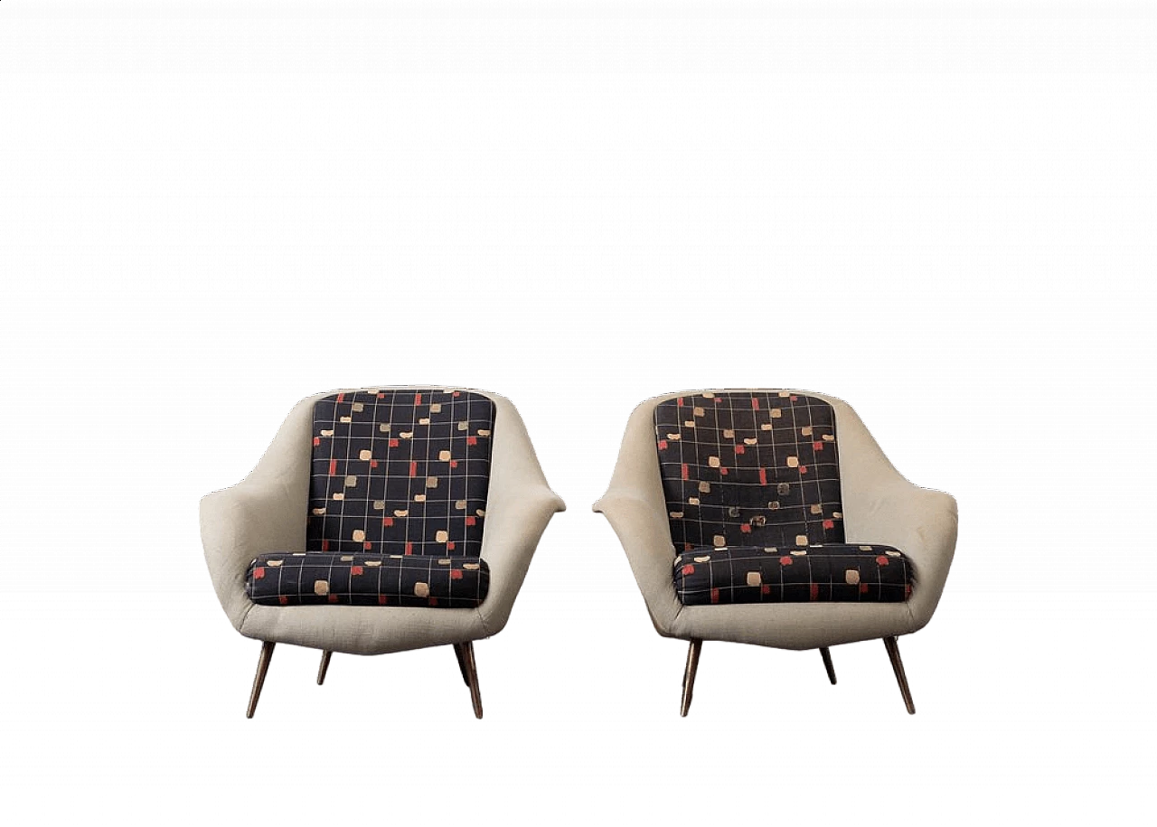 Pair of fabric and brass armchairs, 1950s 8