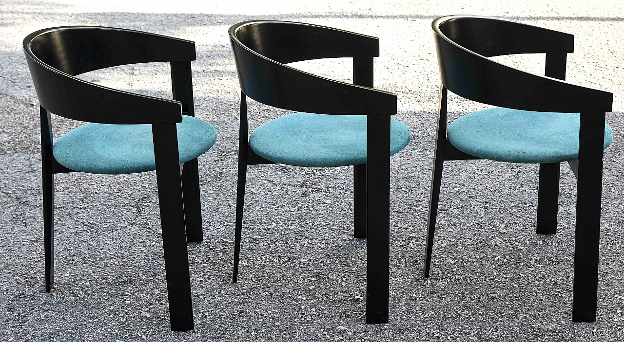 3 Wooden and fabric chairs in the style of Tobia Scarpa, 1980s 4