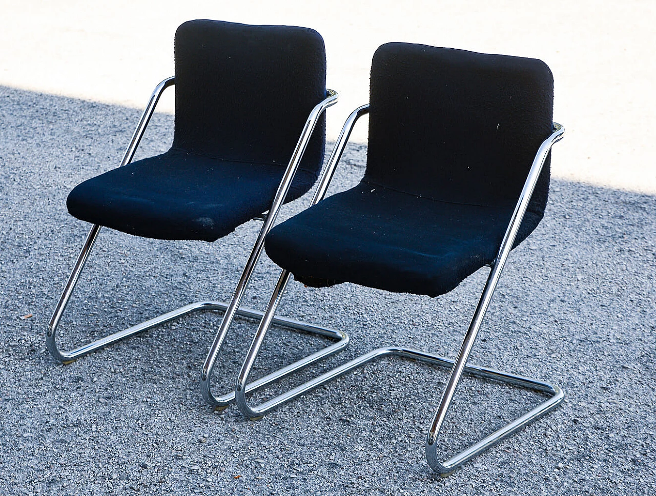 Pair of steel and blue velvet chairs, 1960s 2