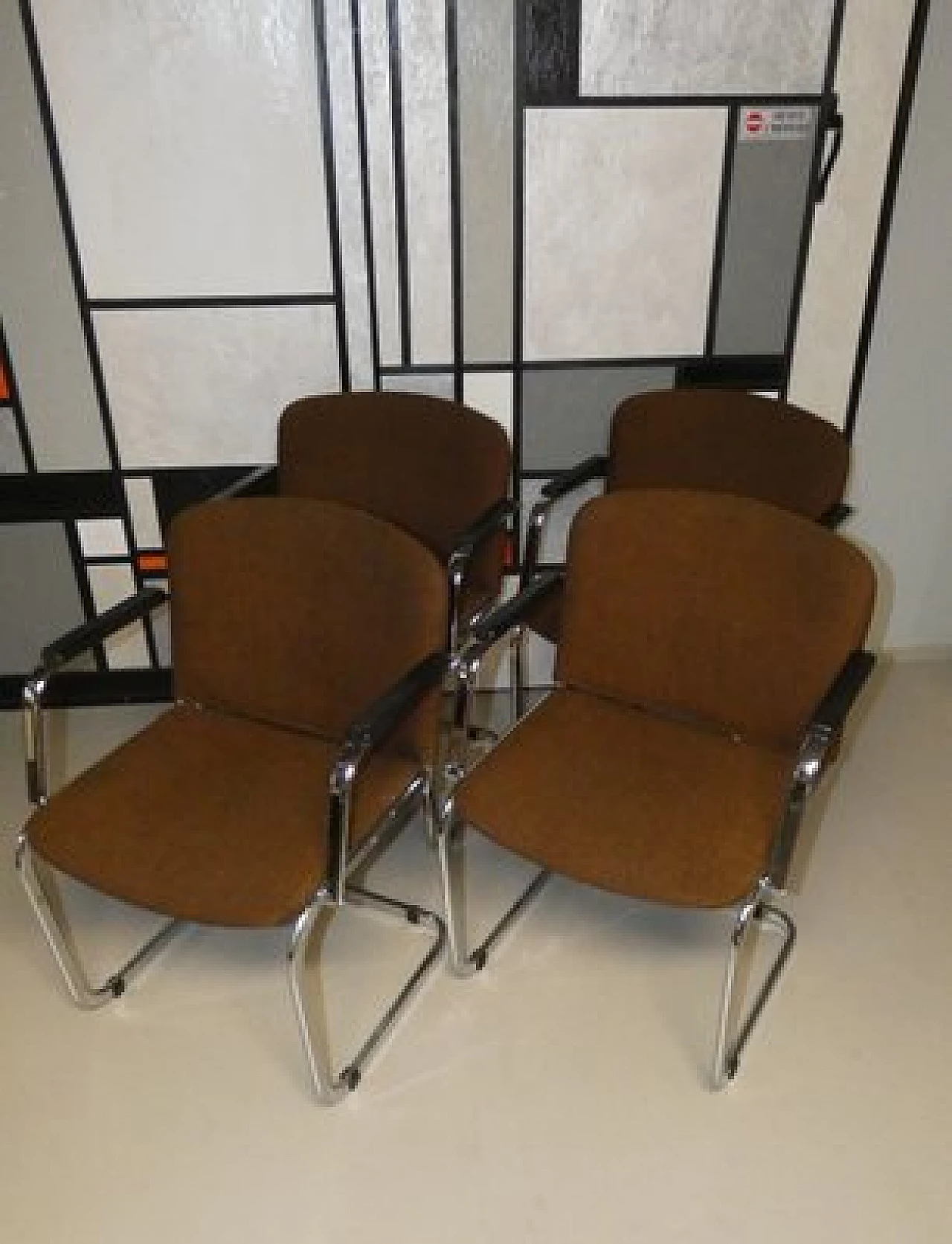 4 Wool and steel chairs with armrests, 1970s 1