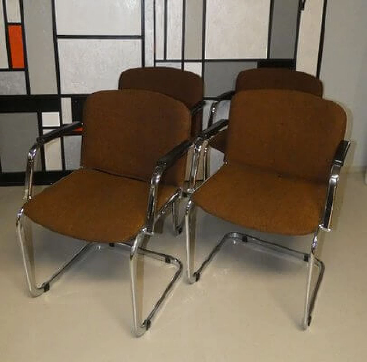 4 Wool and steel chairs with armrests, 1970s 2