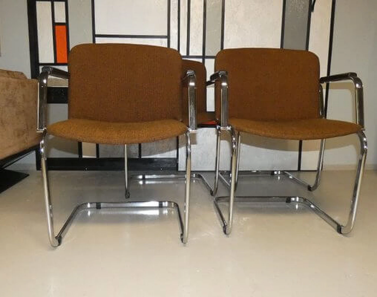 4 Wool and steel chairs with armrests, 1970s 19