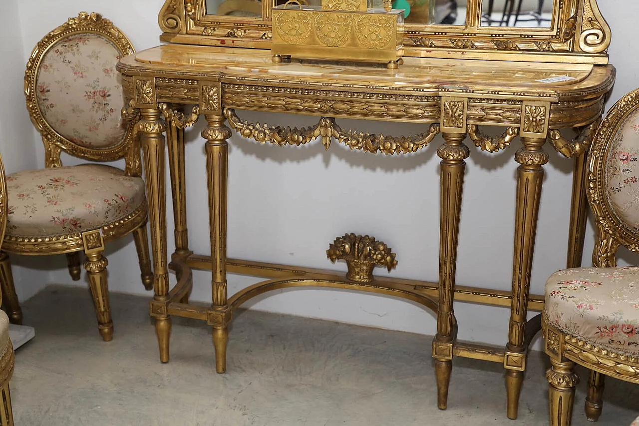 Gilded and carved wooden console table with mirror, 1920s 3