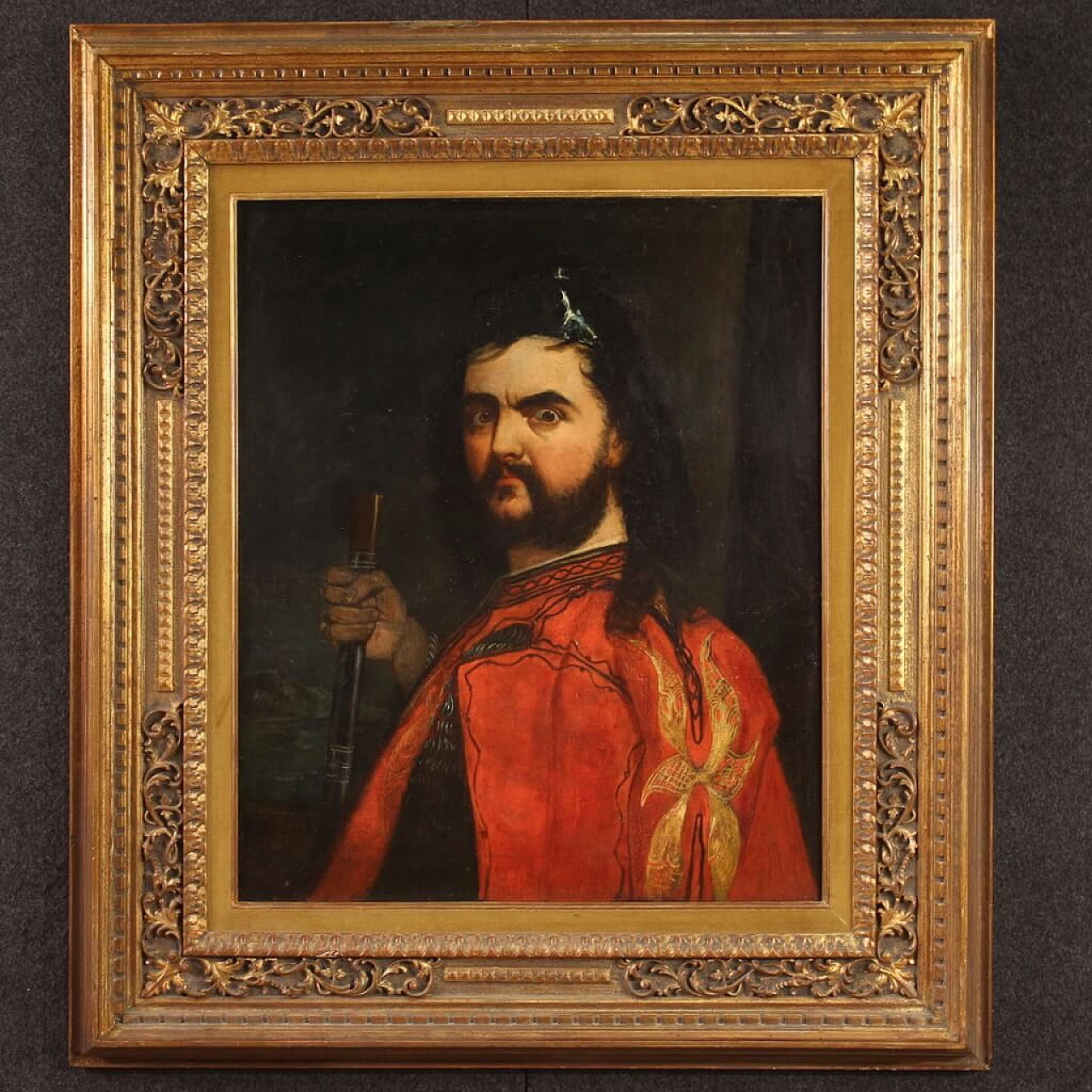 Male portrait with red cape, oil painting on canvas, 19th century 1