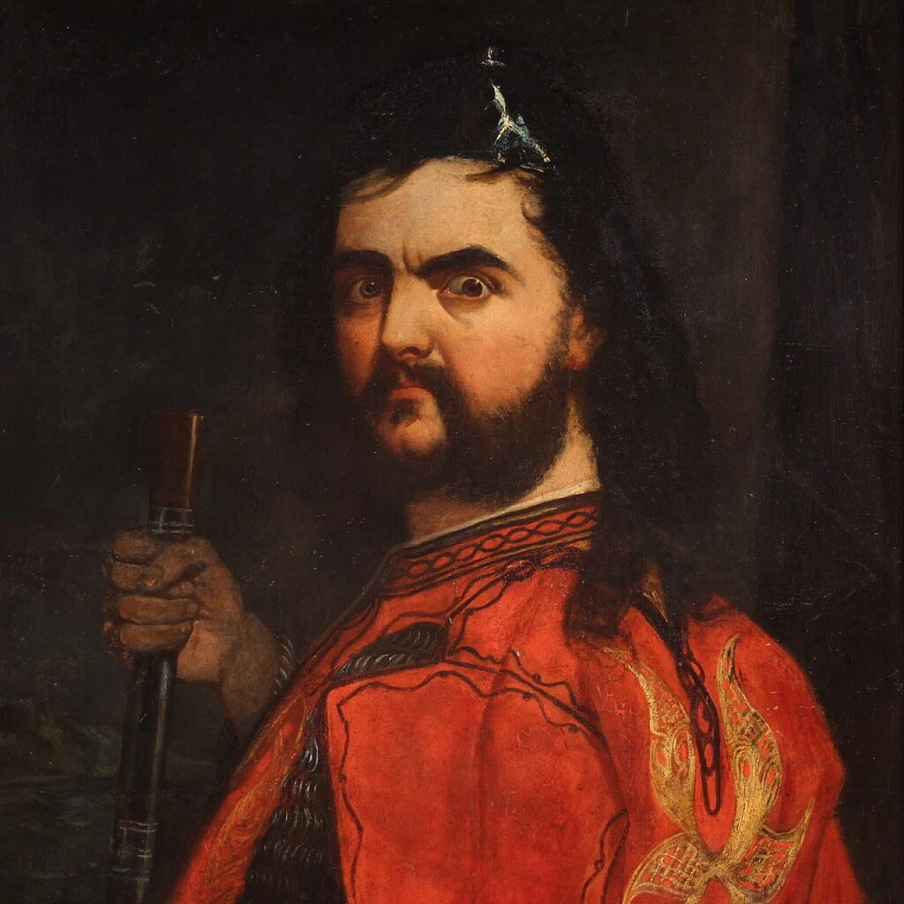 Male portrait with red cape, oil painting on canvas, 19th century 2