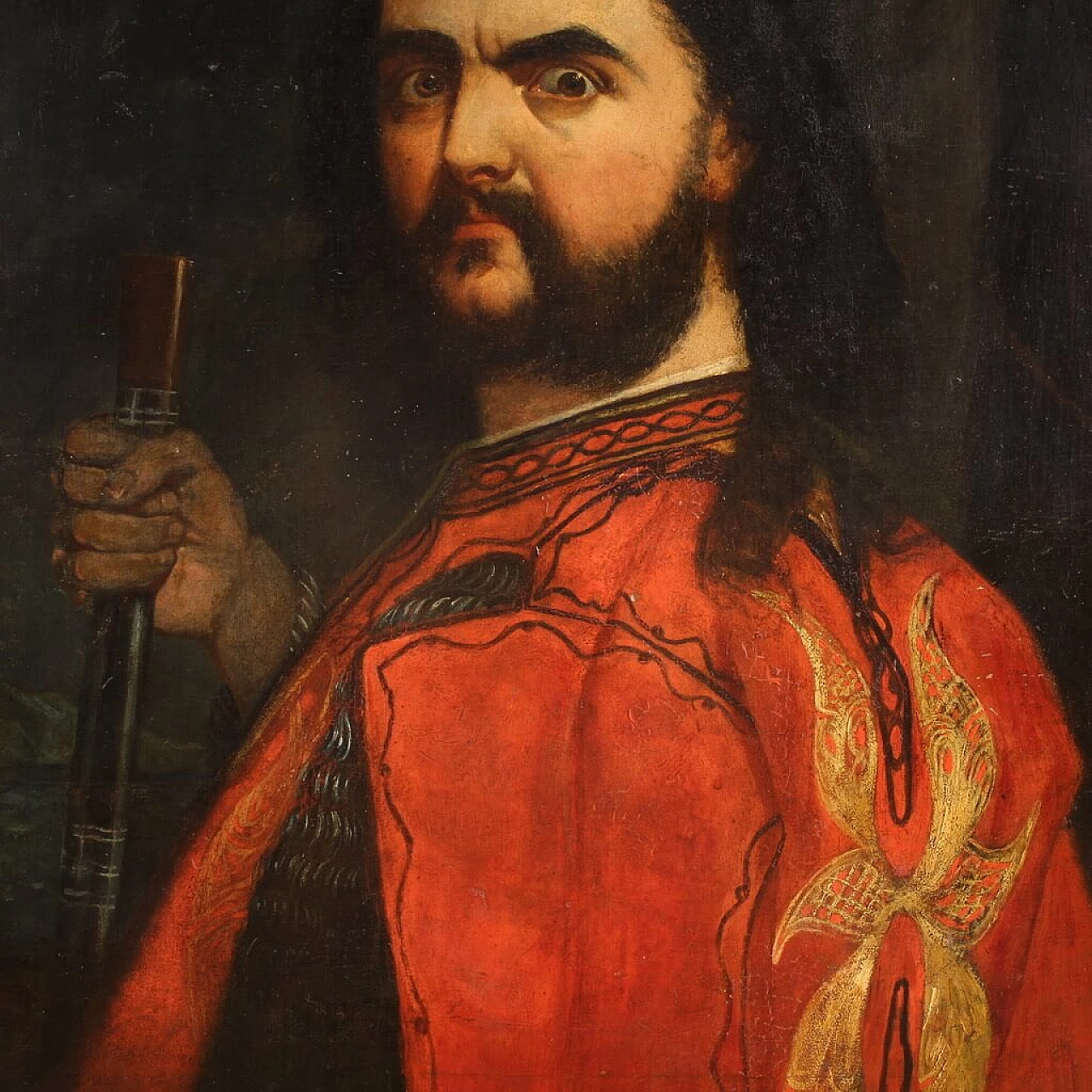 Male portrait with red cape, oil painting on canvas, 19th century 4