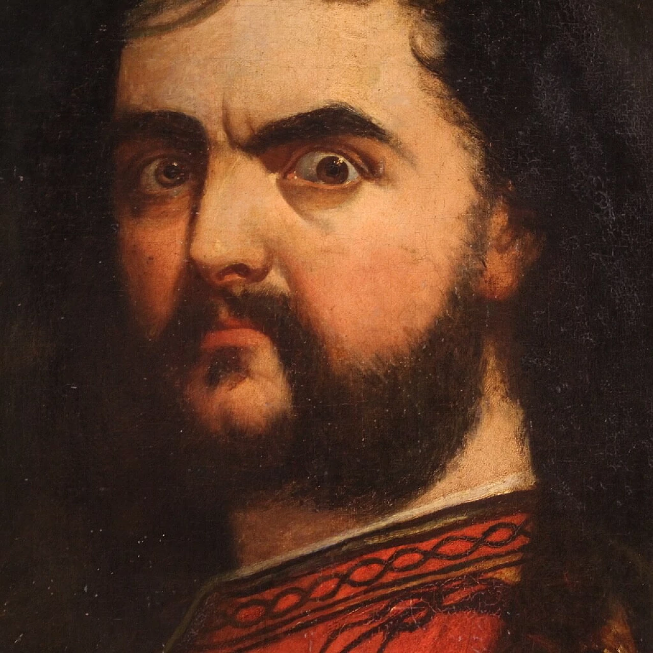 Male portrait with red cape, oil painting on canvas, 19th century 5