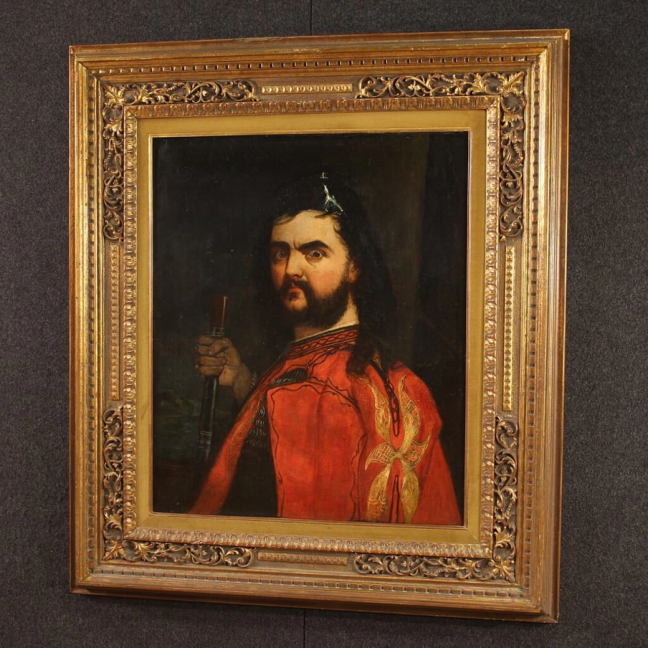 Male portrait with red cape, oil painting on canvas, 19th century 9