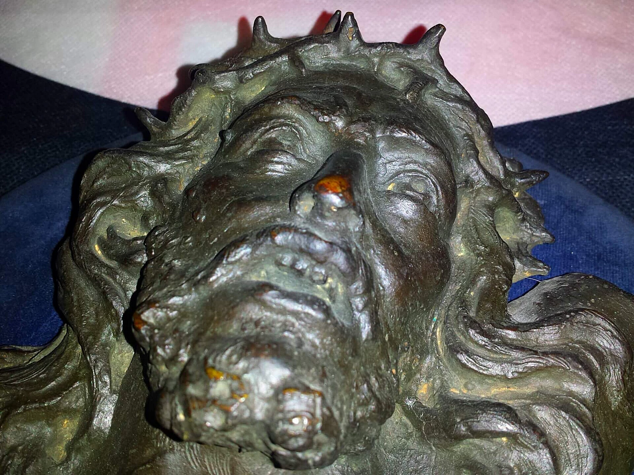 Face of Christ, bronze bas-relief on wood panel, early 20th century 2