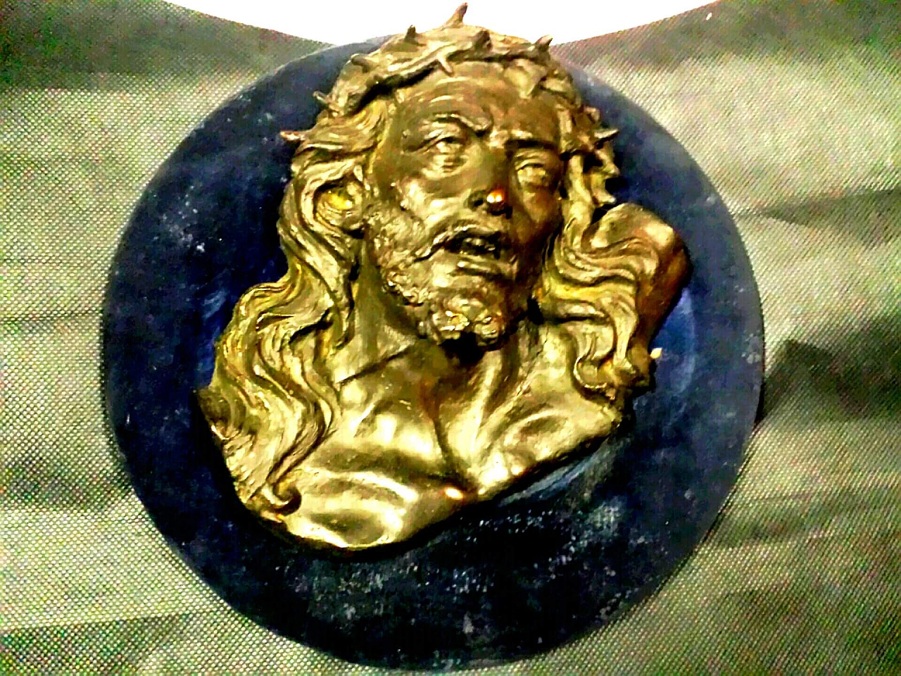 Face of Christ, bronze bas-relief on wood panel, early 20th century 3